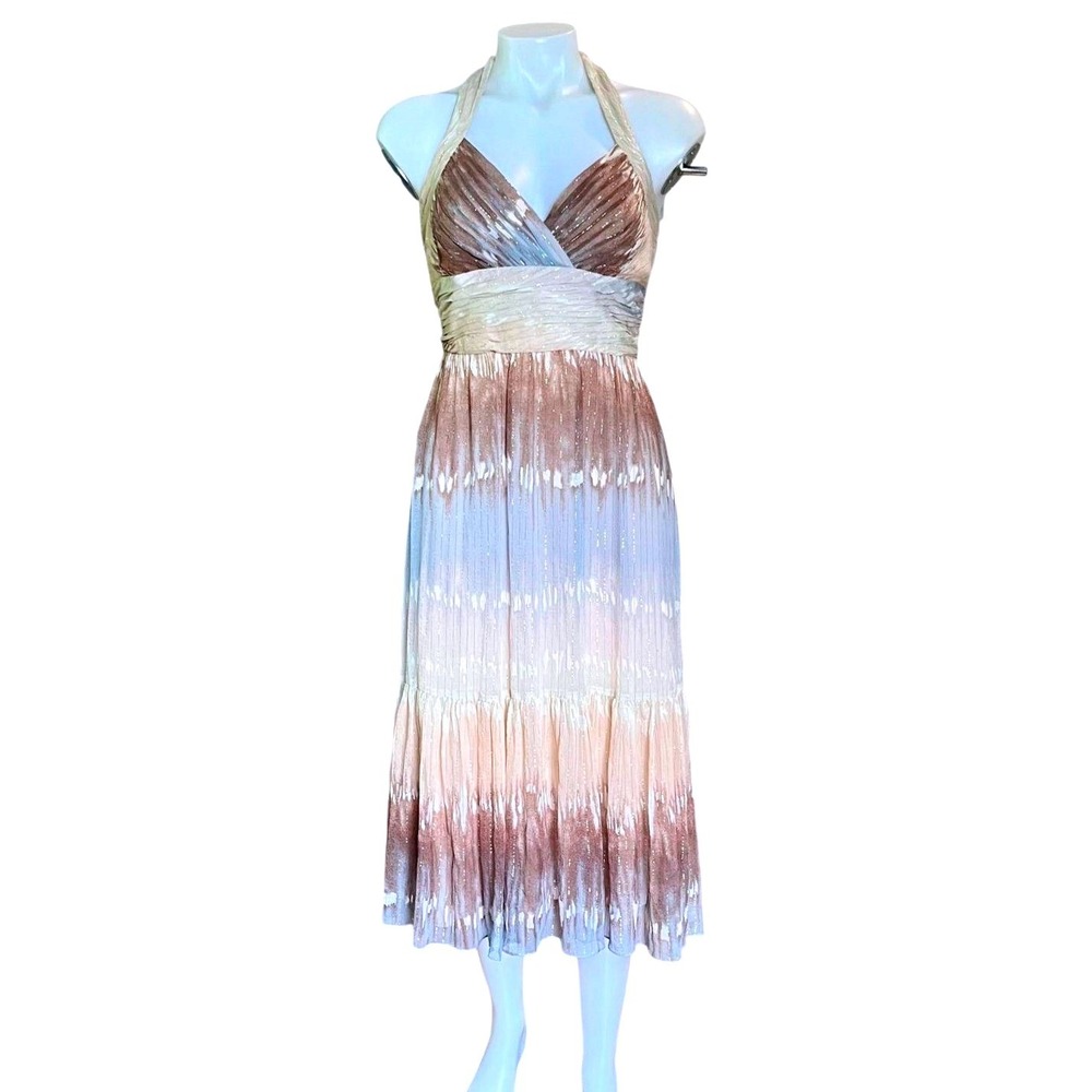 BCBG MAX AZRIA Silk Halter Midi Dress 8 Ombre Shimmer Tiered Y2K Fairycore Boho
